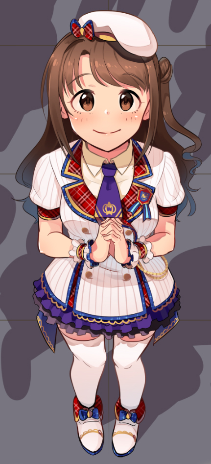 1girl ankle_boots beret blush boots bow brown_eyes brown_hair closed_mouth double-breasted dress from_above full_body hair_bun hands_clasped hat hat_bow idolmaster idolmaster_cinderella_girls kamille_(vcx68) layered_dress long_hair looking_at_viewer looking_down necktie one_side_up own_hands_together purple_neckwear red_bow shimamura_uzuki short_sleeves smile solo standing striped tareme thigh-highs vertical-striped_dress vertical_stripes white_dress white_footwear white_hat white_legwear wings wrist_cuffs zettai_ryouiki