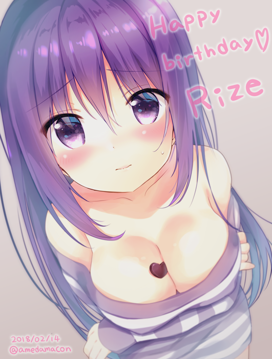 1girl alternate_hairstyle amedamacon bangs bare_shoulders breasts chocolate chocolate_heart cleavage closed_mouth collarbone dated dress eyebrows_visible_through_hair frilled_dress frills gochuumon_wa_usagi_desu_ka? hair_down happy_birthday happy_valentine head_tilt heart large_breasts long_hair looking_at_viewer nervous purple_dress purple_hair purple_ribbon ribbon shiny shiny_hair sleeveless sleeveless_dress solo straight_hair tareme tedeza_rize text valentine violet_eyes