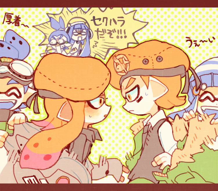 3boys 3girls :d ^_^ ^o^ army-kun_(splatoon) beret blue_hair bobble-chan_(splatoon) bobblehat closed_eyes commentary_request domino_mask emblem facepaint fish forge-chan_(splatoon) glasses-kun_(splatoon) goggle-kun_(splatoon) goggles goggles_on_head hat headphone-chan_(splatoon) inkling jacket jacket_removed kappaman mask multiple_boys multiple_girls open_mouth orange_eyes orange_hair pointy_ears smile splatoon splatoon_(manga) surprised tentacle_hair translation_request