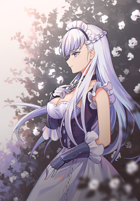 1girl arm_guards azur_lane belfast_(azur_lane) blurry blush braid breasts chains cleavage closed_mouth corset depth_of_field elbow_gloves eyebrows_visible_through_hair flower french_braid from_side gloves grey_hair hand_on_own_chest lazuri7 long_hair maid_headdress medium_breasts skirt sleeveless smile solo upper_body violet_eyes white_gloves white_skirt