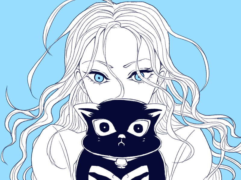 1girl blue_background blue_eyes camilla_hui_guo_rou cat hunter_x_hunter long_hair monochrome moriya_(re_mo_ria)