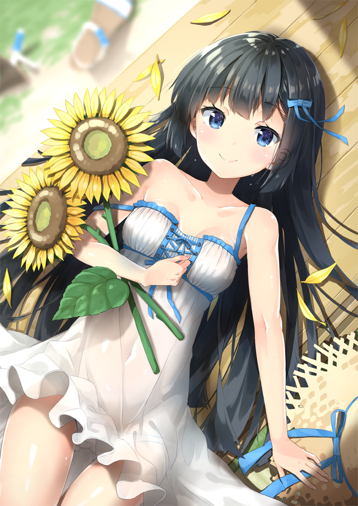 1girl bangs black_hair blue_bow blue_eyes blue_ribbon blurry blush bow breasts breasts_apart closed_eyes collarbone commentary_request covered_navel day depth_of_field dress eyebrows_visible_through_hair flower from_above hair_bow hat hat_ribbon headwear_removed holding holding_flower long_hair looking_at_viewer lying on_back original panties ribbon see-through shiny shiny_skin small_breasts smile solo strap_slip straw_hat summer sundress sunflower underwear veranda very_long_hair white_dress white_panties yaki_mayu