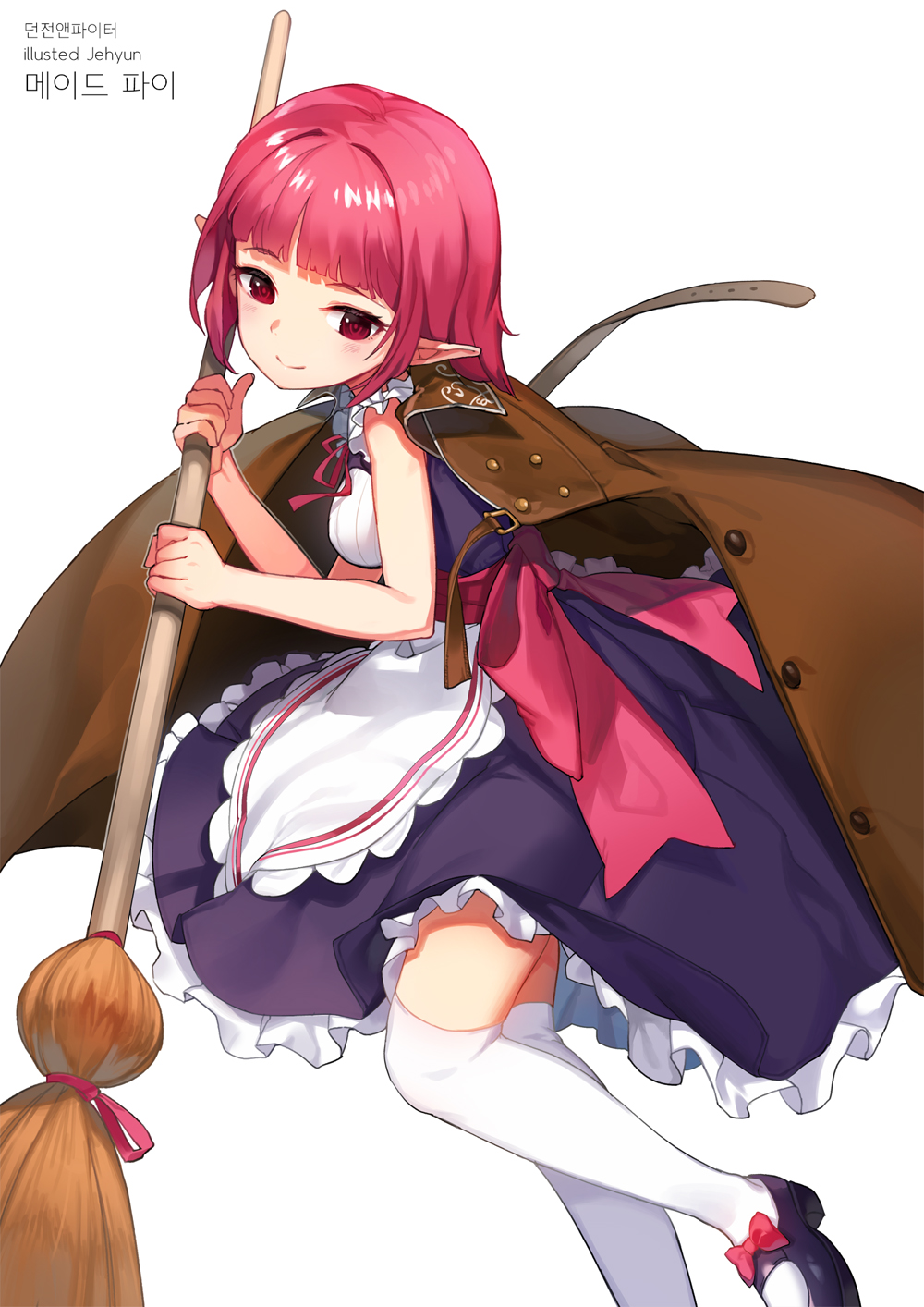 1girl apron artist_name bangs bare_arms black_footwear blunt_bangs blush breasts broom brown_cloak character_request closed_mouth dress dungeon_and_fighter head_tilt highres holding holding_broom jehyun looking_at_viewer looking_to_the_side mary_janes medium_breasts over-kneehighs pink_hair pointy_ears purple_dress red_eyes shoes short_hair simple_background sleeveless sleeveless_dress smile solo thigh-highs translation_request waist_apron white_apron white_background white_legwear