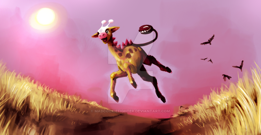 bird creature full_body girafarig grass happy horns jumping madcookiefighter outdoors pokemon pokemon_(creature) pokemon_(game) pokemon_gsc sky smile sun twilight watermark web_address