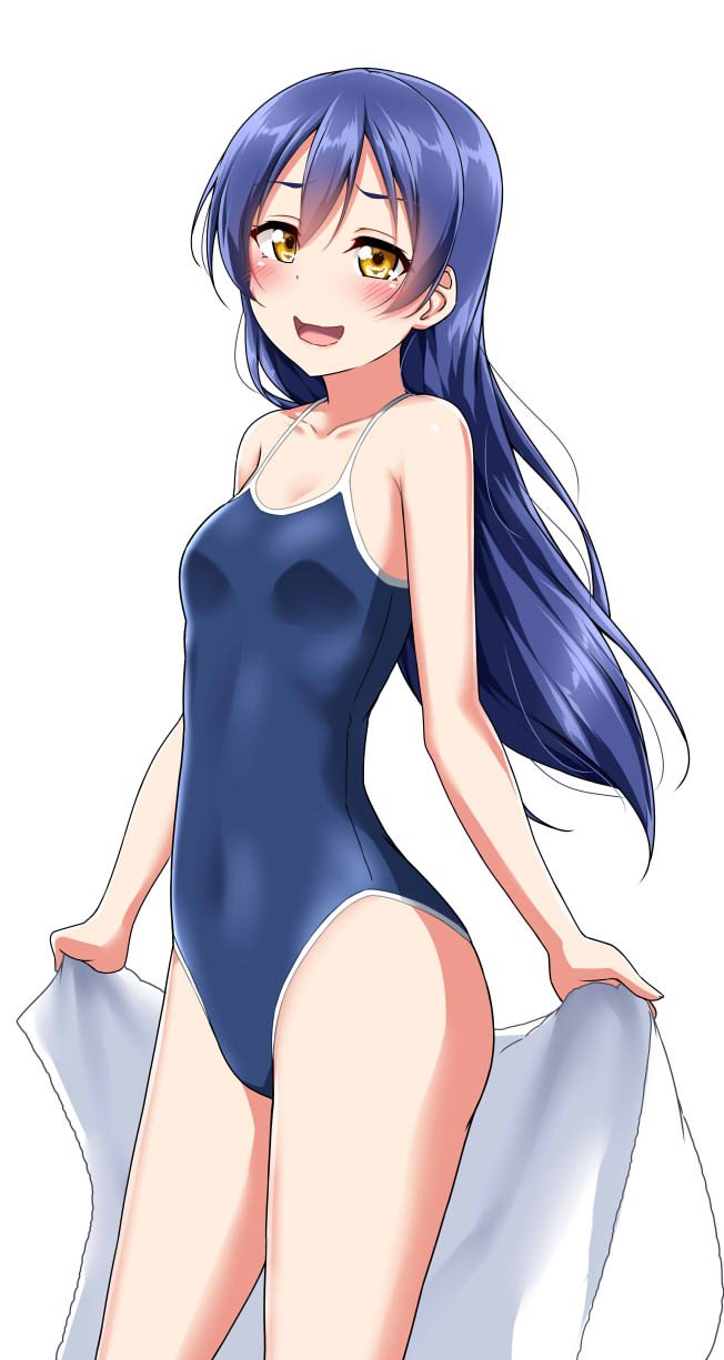 1girl bangs blue_hair blue_swimsuit blush breasts character_name commentary_request competition_school_swimsuit competition_swimsuit covered_navel cowboy_shot embarrassed hair_between_eyes highres holding long_hair looking_at_viewer love_live! love_live!_school_idol_project one-piece_swimsuit open_mouth school_swimsuit simple_background small_breasts solo sonoda_umi swimsuit towel wavy_mouth yellow_eyes yopparai_oni