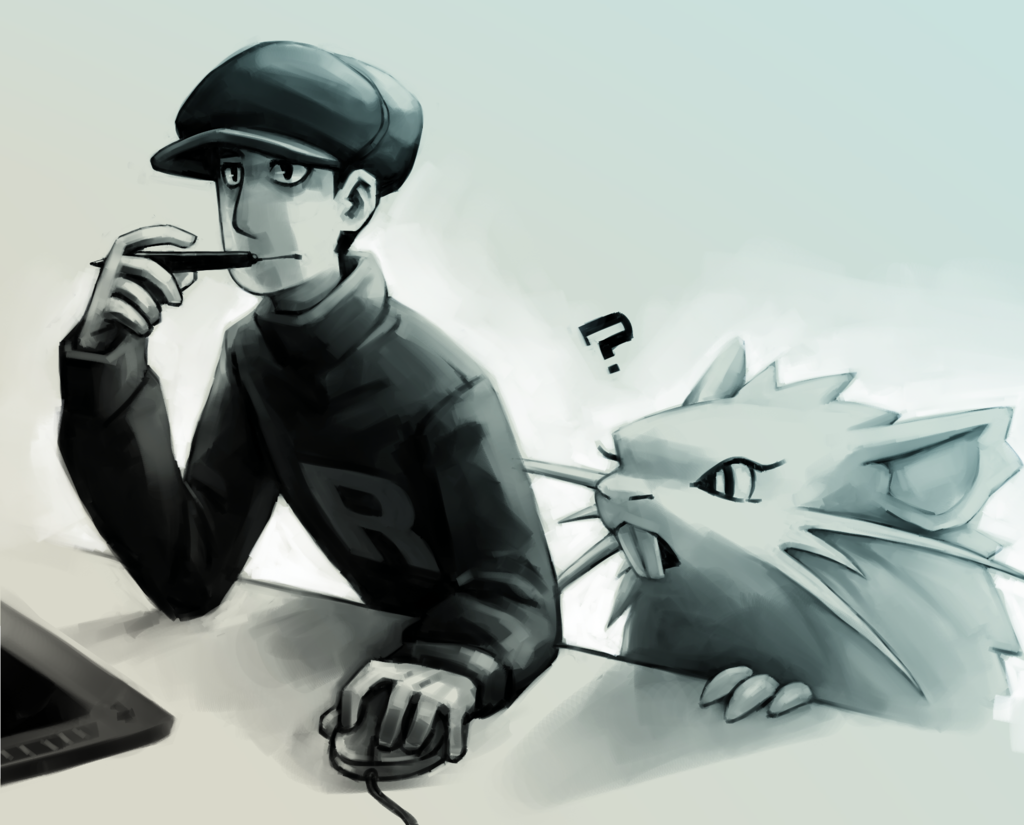 1boy ? black_eyes black_hat commentary computer_mouse creature eyelashes grey hat holding_stylus long_sleeves madcookiefighter male_focus monochrome pokemon pokemon_(creature) pokemon_(game) pokemon_frlg pokemon_gsc pokemon_hgss pokemon_rgby raticate short_hair sitting table team_rocket team_rocket_grunt turtleneck