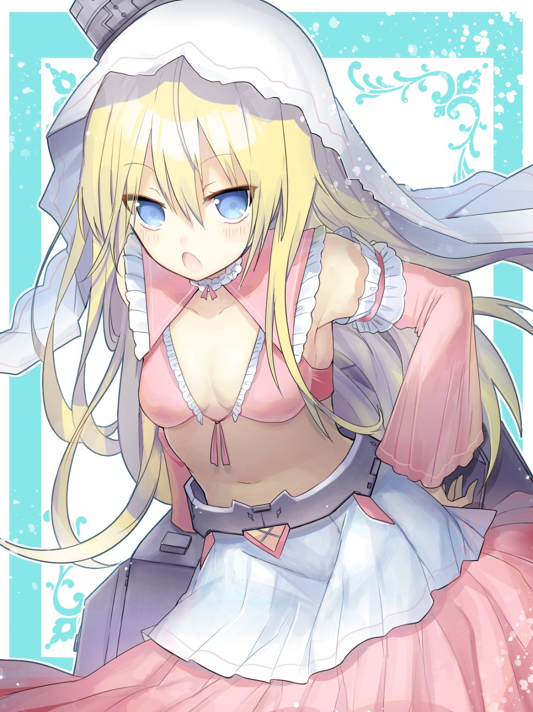 1girl blonde_hair blue_eyes blush bra breasts choker cleavage collarbone detached_sleeves eyebrows_visible_through_hair floating_hair frilled_bra frills front-tie_bra hair_between_eyes hand_on_hip highres kirie leaning_forward long_hair looking_at_viewer midriff navel open_mouth original pink_bra pink_skirt pleated_skirt skirt small_breasts solo standing stomach underwear very_long_hair