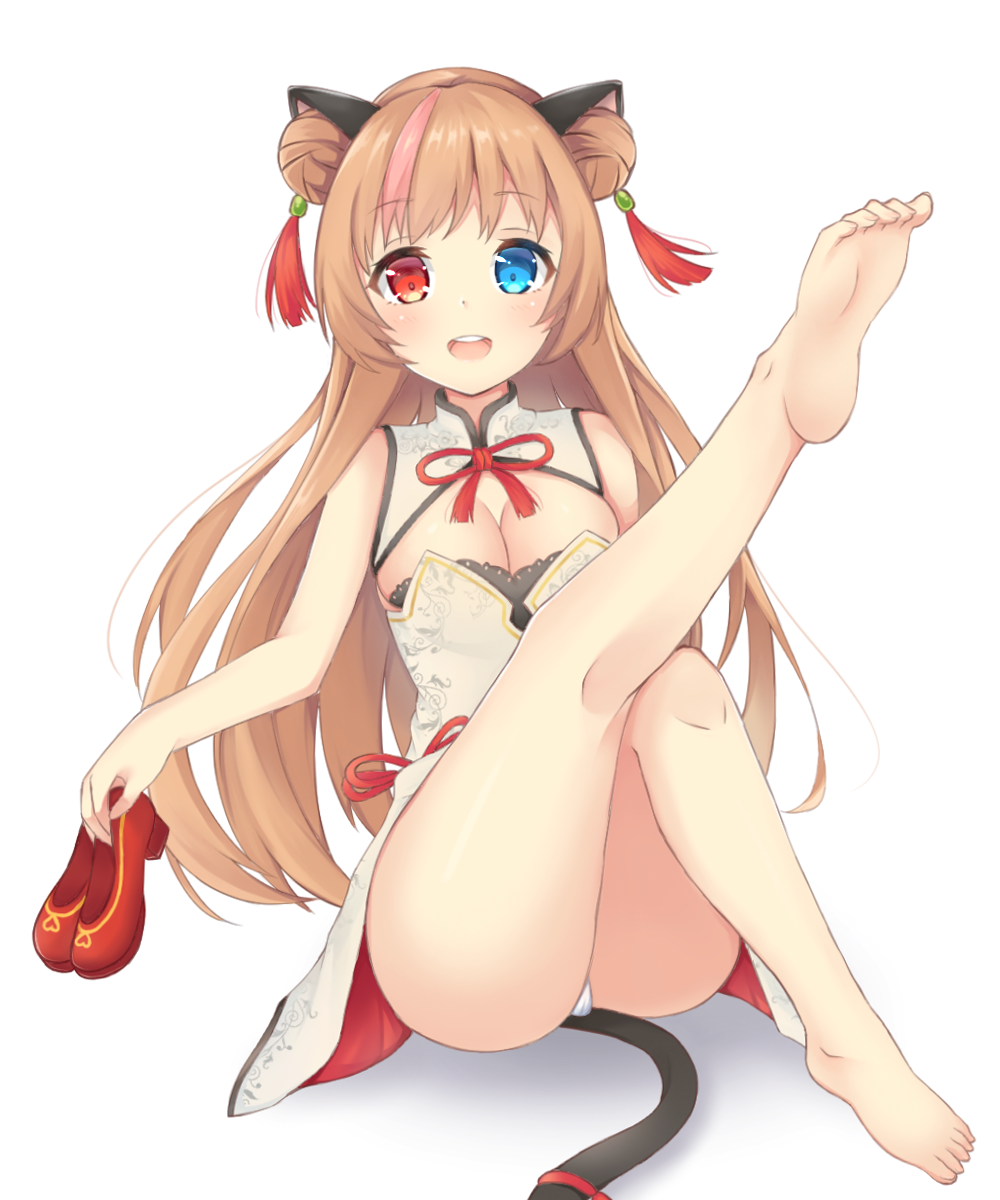 1girl :d animal_ears bangs bare_arms bare_legs bare_shoulders barefoot blue_eyes blush breasts cat_ears cat_girl cat_tail china_dress chinese_clothes cleavage cleavage_cutout commentary_request double_bun dress eyebrows_visible_through_hair feet full_body girls_frontline hair_ornament heterochromia highres holding holding_shoes leg_up light_brown_hair long_hair medium_breasts mk_23_(girls_frontline) multicolored_hair open_mouth panties pink_hair red_eyes red_footwear seventeen_(st17215) shoes shoes_removed side_bun sidelocks sitting sleeveless sleeveless_dress smile soles solo streaked_hair tail toes underwear upper_teeth very_long_hair white_background white_dress white_panties