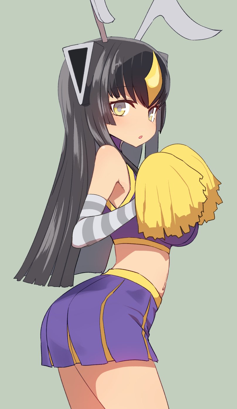 1girl :o antennae ass bangs bare_shoulders black_hair blush breasts cheerleader contrapposto elbow_gloves eyebrows_visible_through_hair from_behind gloves grey_background headgear highres large_breasts long_hair looking_at_viewer looking_back no_nose parted_lips pom_poms purple_skirt simple_background skirt solo standing striped striped_gloves sumiyao_(amam) ultra_kaijuu_gijinka_keikaku ultra_series yellow_eyes zetton