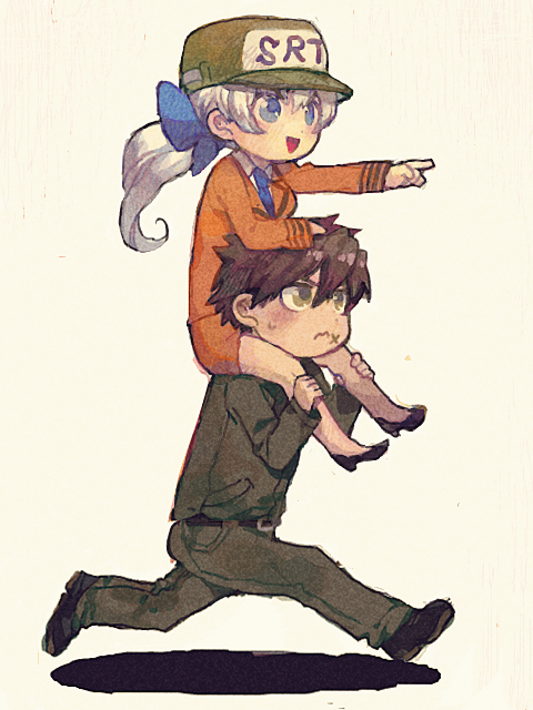 1boy 1girl 3: aoki_(fumomo) baseball_cap blue_eyes blush_stickers bow brown_eyes brown_hair carrying chibi cross_scar facial_scar full_metal_panic! hair_bow hat high_heels jacket long_sleeves military military_uniform miniskirt necktie open_mouth pants piggyback pointing ponytail running sagara_sousuke scar scar_on_cheek shoes silver_hair simple_background skirt sweatdrop teletha_testarossa triangle_mouth uniform wavy_mouth white_background