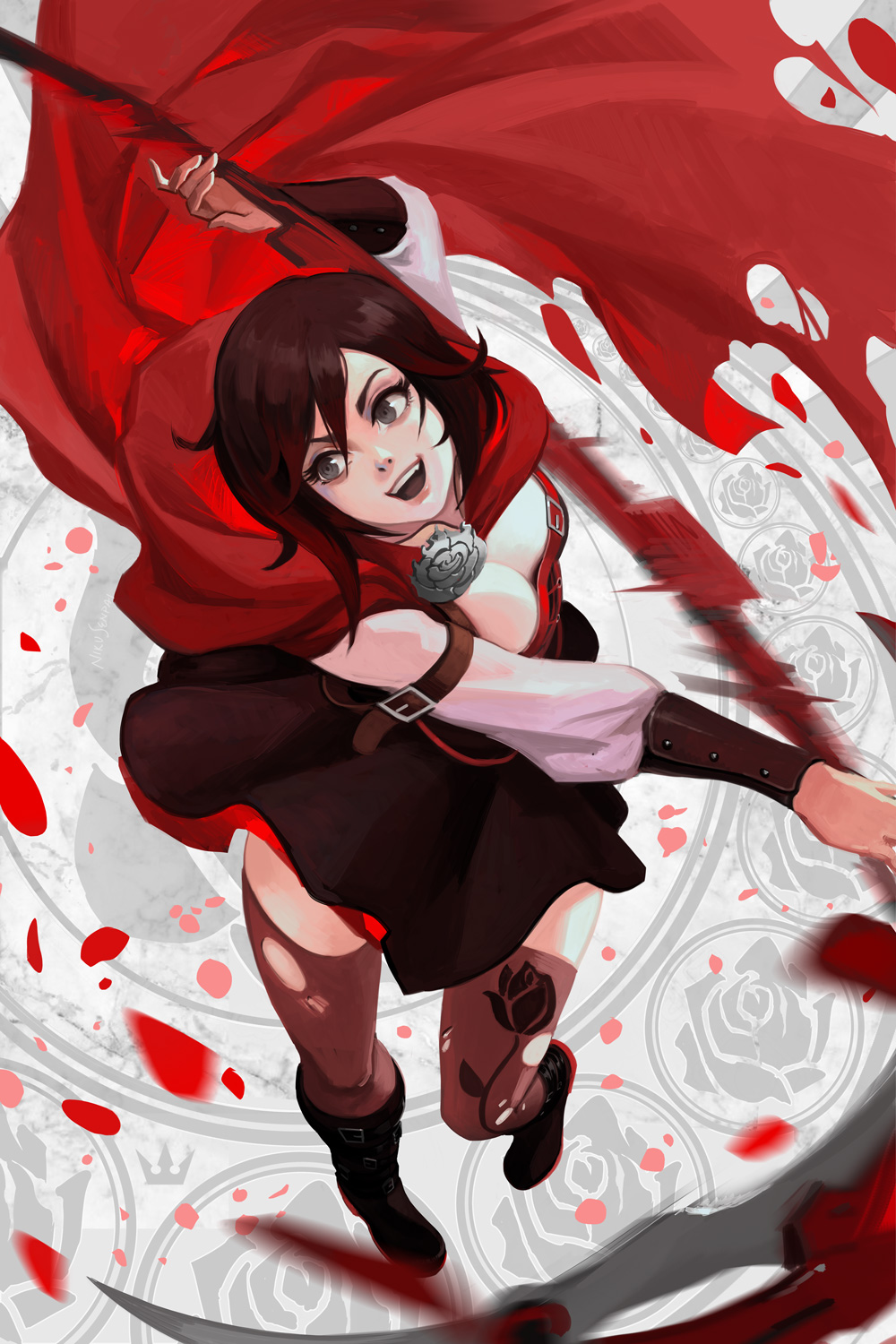 1girl :d attack bangs black_footwear boots bracer breasts brown_dress brown_hair brown_legwear cape commentary dress grey_eyes highres holding large_breasts long_sleeves motion_blur multicolored_hair nikusenpai open_mouth red_cape ruby_rose rwby scythe short_dress short_hair smile solo standing streaked_hair thigh-highs
