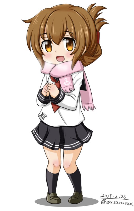 1girl anchor_symbol black_legwear black_skirt breath brown_eyes brown_hair dated folded_ponytail full_body inazuma_(kantai_collection) kantai_collection kneehighs loafers long_hair masara_(masalucky2010) neckerchief pigeon-toed pink_scarf pleated_skirt red_neckwear scarf school_uniform serafuku shoes simple_background skirt solo standing twitter_username white_background