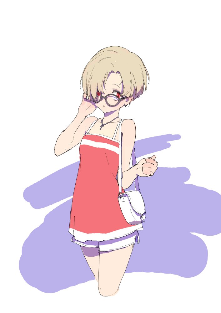 1girl adjusting_eyewear bag bare_shoulders blonde_hair camisole cowboy_shot cropped_legs glasses hair_over_one_eye idolmaster idolmaster_cinderella_girls looking_at_viewer red_eyes shirasaka_koume shorts shoulder_bag solo standing tim_loechner white_shorts