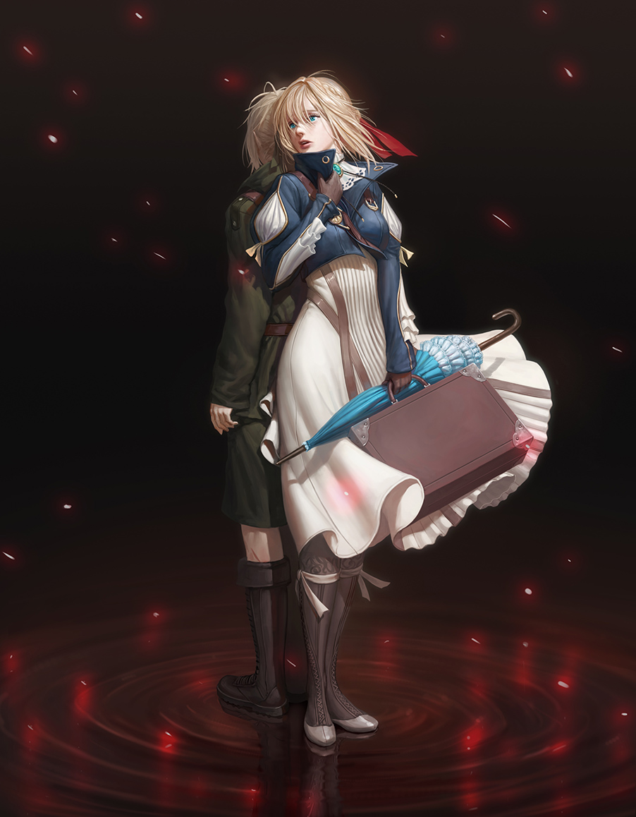 back-to-back banajune bangs blonde_hair blue_eyes blue_jacket boots braid brooch collared_jacket dark_background dress falling_petals gloves hair_between_eyes hair_intakes hair_ribbon hidden_face jacket jewelry long_sleeves looking_to_the_side parasol red_ribbon ribbon ripples suitcase umbrella violet_evergarden violet_evergarden_(character) wind