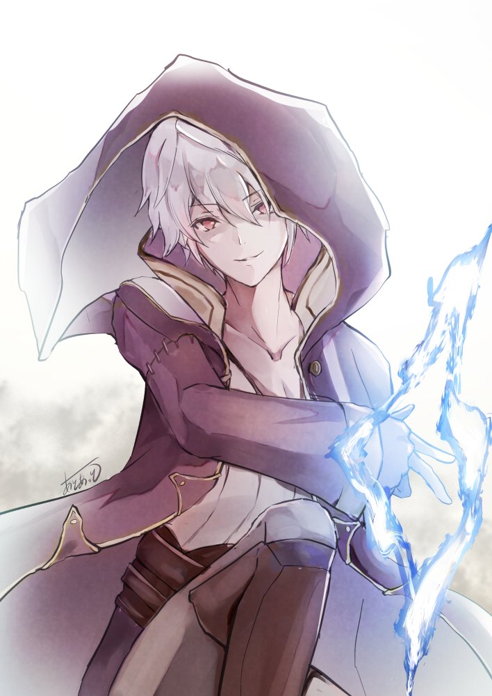 atoatto fire_emblem fire_emblem:_kakusei fire_emblem_heroes gloves hood looking_at_viewer male_focus male_my_unit_(fire_emblem:_kakusei) my_unit_(fire_emblem:_kakusei) red_eyes short_hair smile solo white_background white_hair