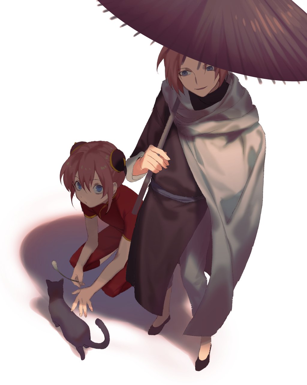 1boy 1girl :d artist_request blue_eyes brother_and_sister cape cat cat_teaser chinese_clothes commentary_request gintama highres holding holding_umbrella kagura_(gintama) kamui_(gintama) open_mouth oriental_umbrella pants pink_hair red_pants red_shirt robe sash shirt siblings smile squatting umbrella