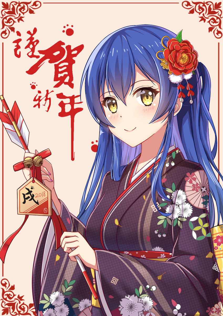 1girl arrow bangs blue_hair blush commentary_request floral_print flower furisode hair_between_eyes hair_flower hair_ornament hamaya highres holding_arrow japanese_clothes kimono long_hair long_sleeves looking_at_viewer love_live! love_live!_school_idol_project new_year print_kimono simple_background smile solo sonoda_umi upper_body wide_sleeves yellow_eyes