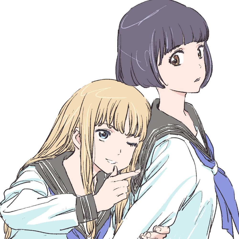 2girls arm_grab bangs black_sailor_collar blonde_hair blue_eyes blue_neckwear brown_eyes eyebrows_visible_through_hair finger_gun fingernails grin long_hair long_sleeves looking_at_another looking_back multiple_girls nazoani_museum neckerchief one_eye_closed original parted_lips profile purple_hair sailor_collar school_uniform serafuku shirt short_hair simple_background smile white_background white_shirt