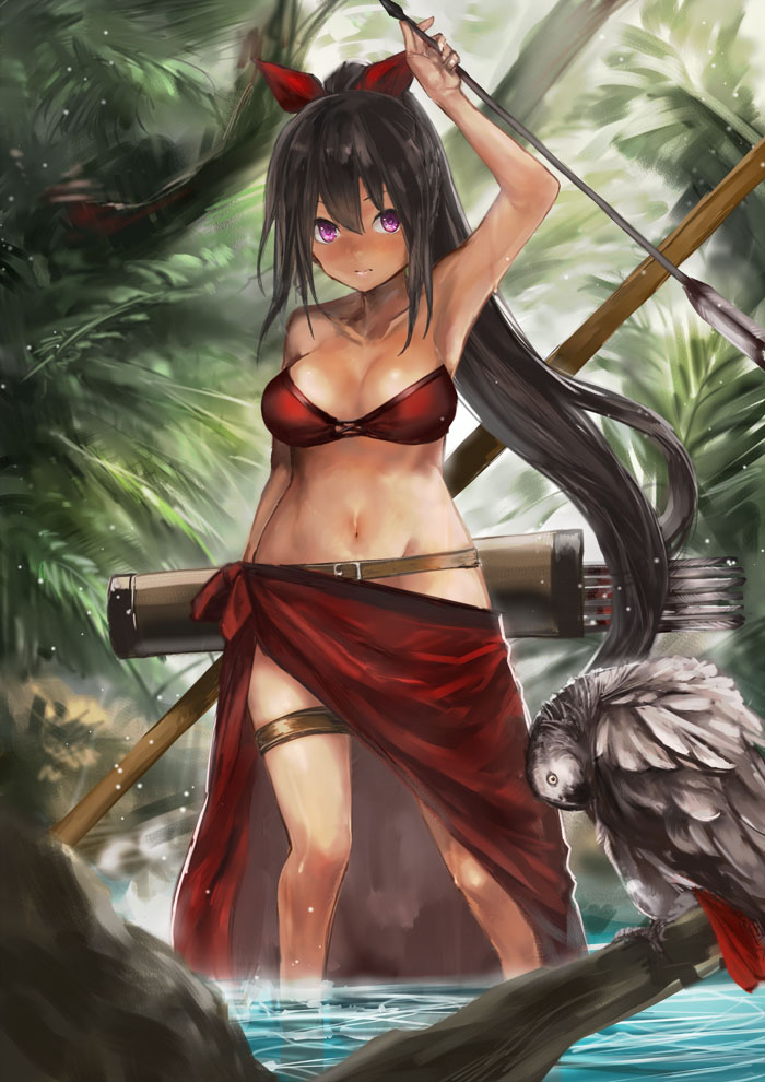 1girl arm_up arrow bare_shoulders belt bird bird_request black_hair bow bow_(weapon) branch breasts bush cleavage closed_mouth hair_bow hips holding holding_arrow holding_bow_(weapon) holding_weapon in_water jngle legs long_hair long_ponytail medium_breasts original ponytail quiver red_bikini_top red_bow river sarong solo standing standing_in_water thigh_strap toka_(marchlizard) tree very_long_hair violet_eyes weapon