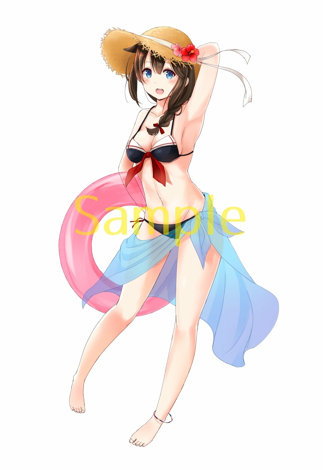 1girl :d adapted_costume anklet arm_behind_head arm_up armpits bangs bare_legs barefoot bikini black_bikini blue_eyes blush braid brown_hair eyebrows_visible_through_hair flower front-tie_bikini front-tie_top hair_flaps hair_over_shoulder hair_ribbon hat hat_flower hibiscus highres innertube jewelry kantai_collection long_hair looking_at_viewer open_mouth red_flower red_ribbon remodel_(kantai_collection) ribbon sample sarong see-through shigure_(kantai_collection) side-tie_bikini simple_background single_braid smile solo straw_hat swimsuit tareme upper_body white_background yamamura_umi