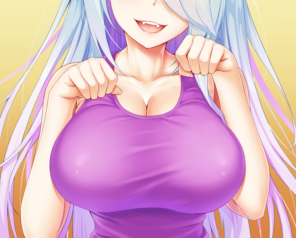 1girl arms_up blue_hair blush breasts cleavage collarbone commentary_request fangs gradient gradient_background head_out_of_frame head_tilt huge_breasts long_hair open_mouth original paw_pose purple_shirt shirt simple_background tank_top teeth tongue upper_body yellow_background zuizhong