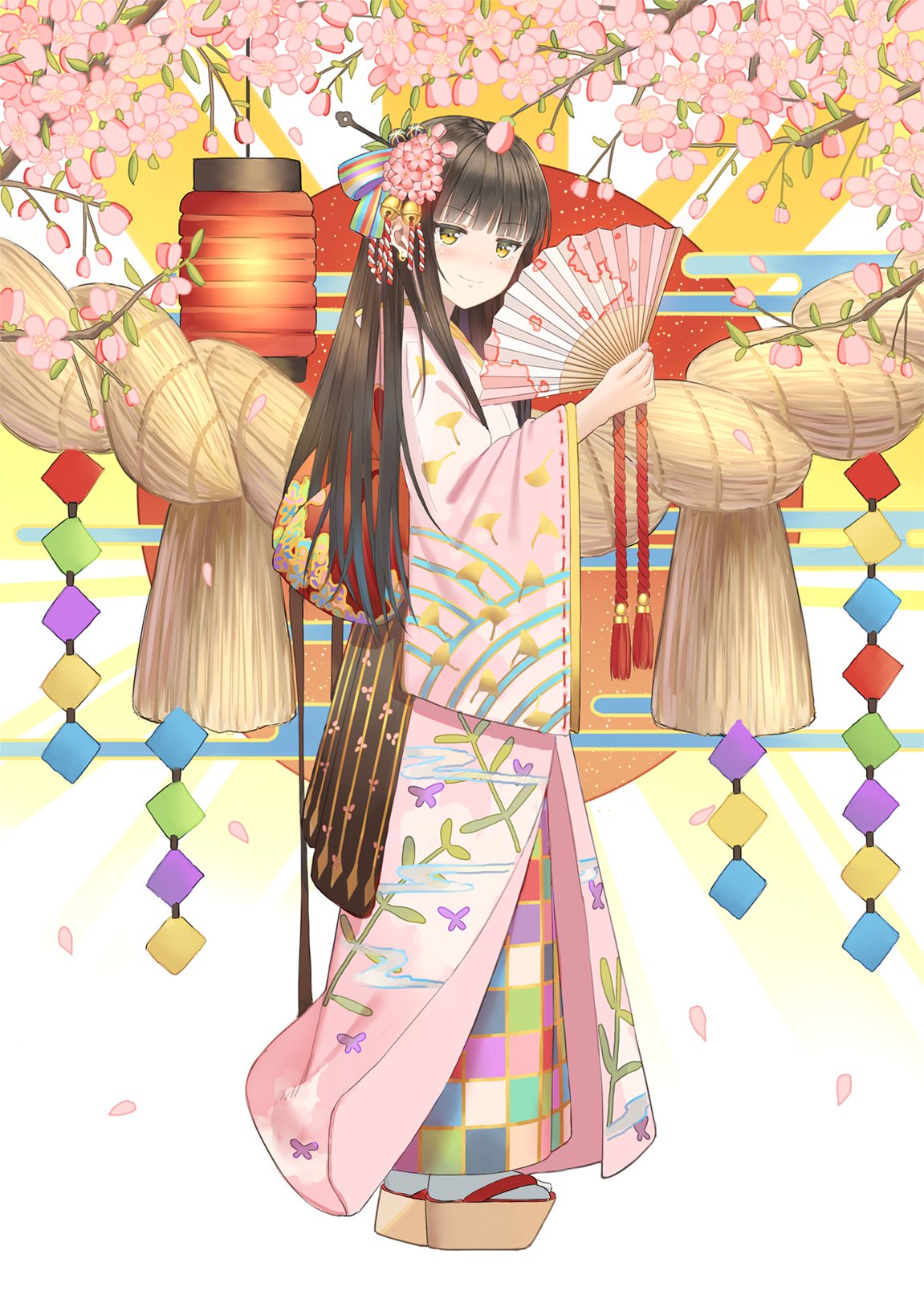 1girl 5ya blush brown_eyes brown_hair cherry_blossoms closed_mouth commentary_request eyebrows_visible_through_hair fan folding_fan from_side hair_ornament highres holding holding_fan japanese_clothes kimono long_hair long_sleeves looking_at_viewer looking_to_the_side original pink_kimono platform_footwear sandals smile smug socks solo standing tassel white_legwear wide_sleeves