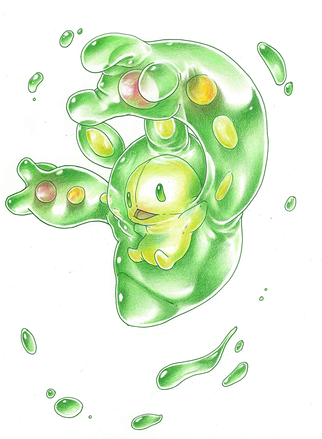 arms_up endivinity floating green green_eyes green_skin looking_away no_humans pokemon pokemon_(creature) pokemon_(game) pokemon_bw realistic reuniclus simple_background solo traditional_media white_background