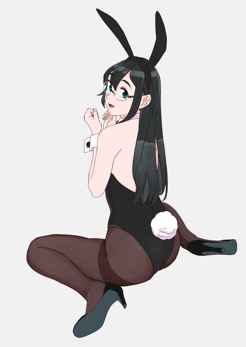 1girl animal_ears black_footwear black_hair black_legwear black_leotard bunny_tail bunnysuit detached_collar glasses green_eyes grey_background high_heels kantai_collection leotard long_hair looking_at_viewer ojipon ooyodo_(kantai_collection) pantyhose rabbit_ears red_neckwear semi-rimless_eyewear simple_background sitting solo strapless strapless_leotard tail thigh-highs wariza wrist_cuffs