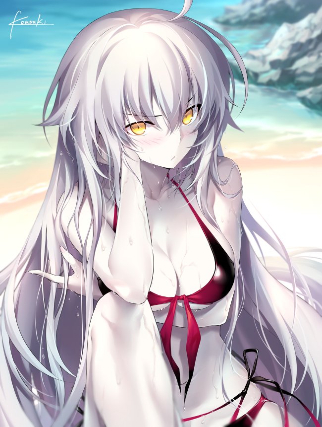 1girl :/ artist_name bangs bare_shoulders beach bikini black_ribbon blush breast_hold breasts cleavage closed_mouth collarbone dripping eyebrows_visible_through_hair fate/grand_order fate_(series) feet_out_of_frame front-tie_bikini front-tie_top gradient_clothes hair_between_eyes jeanne_d'arc_(alter)_(fate) jeanne_d'arc_(fate)_(all) knee_up kousaki_rui large_breasts long_hair looking_at_viewer multi-strapped_bikini navel ocean pale_skin pink_ribbon ribbon rock shore side-tie_bikini signature silver_hair sitting solo straight_hair swimsuit tsurime under_boob v-shaped_eyebrows very_long_hair water water_drop wet yellow_eyes