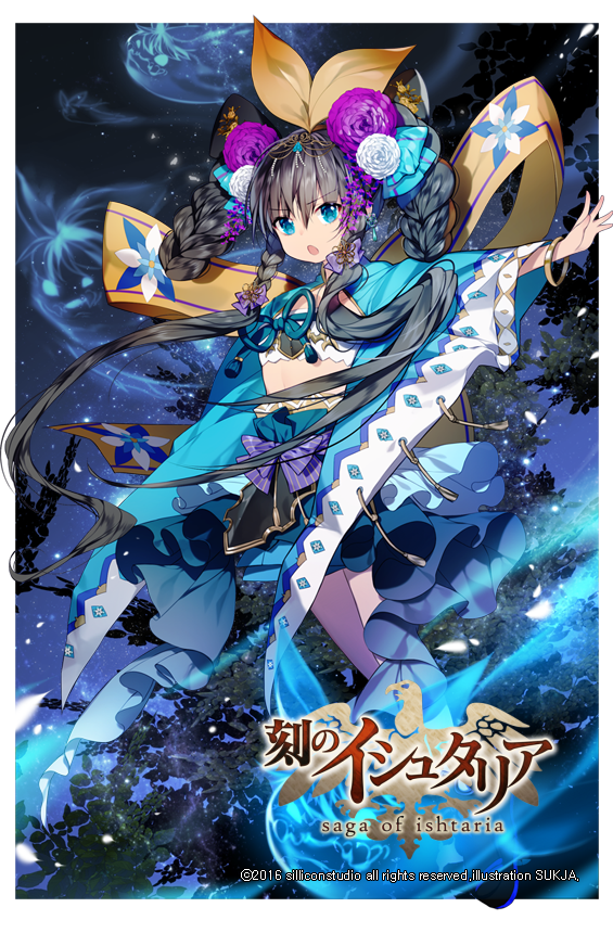 1girl age_of_ishtaria blue_eyes bow bracelet braid brown_hair company_name copyright_name flower hair_flower hair_ornament hua_po_(age_of_ishtaria) japanese_clothes jewelry leaf long_hair official_art open_mouth spirit sukja tree twin_braids