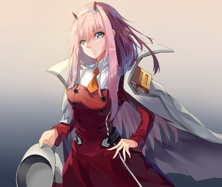 1girl augu_(523764197) blue_eyes blush breasts closed_mouth darling_in_the_franxx eyebrows_visible_through_hair hairband hand_on_hip horns large_breasts long_hair looking_at_viewer pink_hair smile solo zero_two_(darling_in_the_franxx)