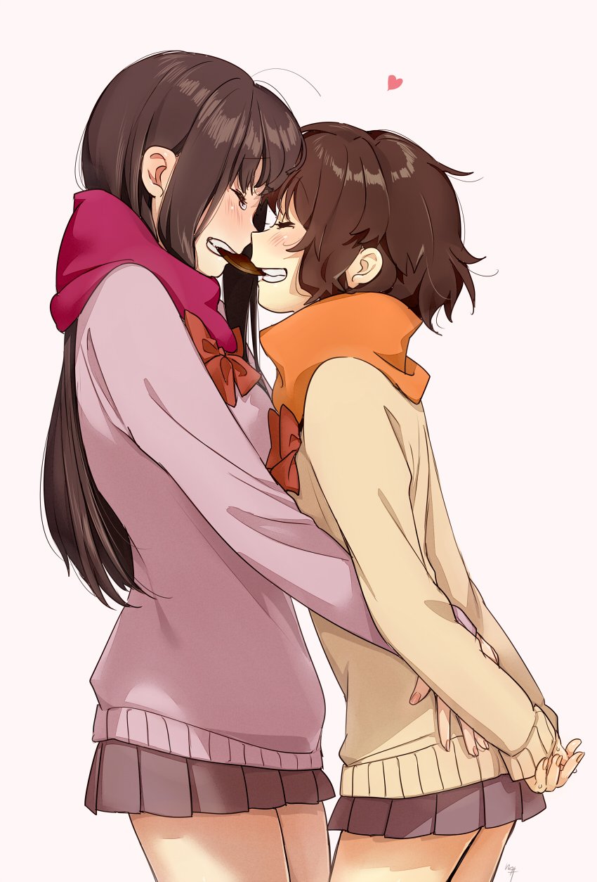 2girls arms_behind_back blush bow bowtie brown_hair commentary_request cowboy_shot fingernails heart highres hug kawai_makoto long_hair mouth_hold multiple_girls orange_scarf original pink_background pink_scarf pink_sweater pleated_skirt purple_skirt red_neckwear scarf shared_food simple_background skirt smile sweater yellow_sweater yuri