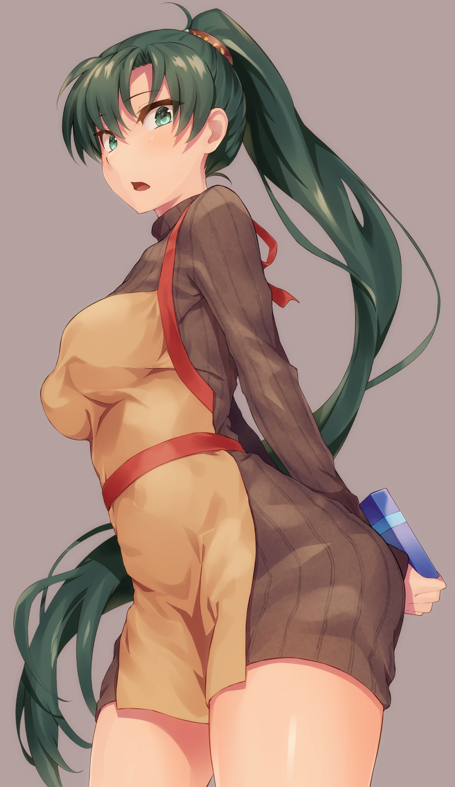 1girl :o alternate_costume apron arms_behind_back blush box breasts brown_sweater cowboy_shot dress eyebrows_visible_through_hair fire_emblem fire_emblem:_rekka_no_ken from_below gift gift_box green_eyes green_hair grey_background high_ponytail highres holding holding_gift long_hair long_sleeves looking_at_viewer looking_down lyndis_(fire_emblem) medium_breasts open_mouth ponytail shinon_(tokage_shuryou) shiny shiny_hair simple_background solo standing sweater sweater_dress thighs turtleneck turtleneck_sweater valentine very_long_hair yellow_neckwear