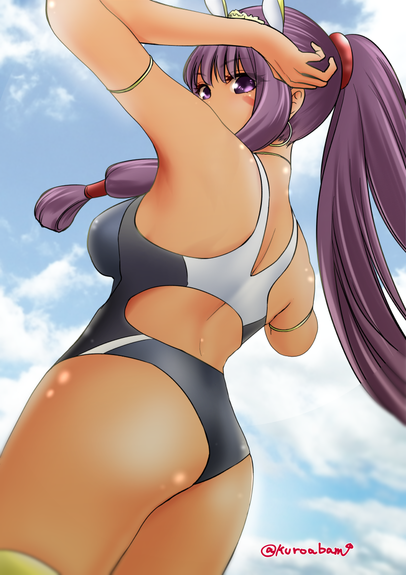 1girl arm_behind_head armpits ass back breasts dark_skin earrings fate/grand_order fate_(series) jackal_ears jewelry kuroba_dam long_hair nitocris_(swimsuit_assassin)_(fate) one-piece_swimsuit ponytail purple_hair solo swimsuit tiara very_long_hair violet_eyes
