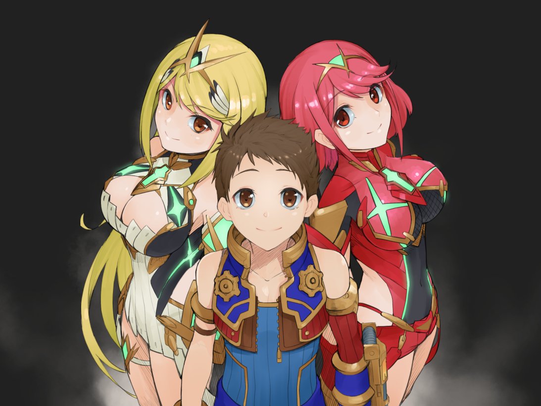 1boy 2girls blonde_hair breasts brown_eyes brown_hair cleavage commentary covered_navel mythra_(xenoblade) pyra_(xenoblade) jpeg_artifacts large_breasts long_hair multiple_girls namicha red_eyes redhead rex_(xenoblade_2) short_hair smile very_long_hair xenoblade_2