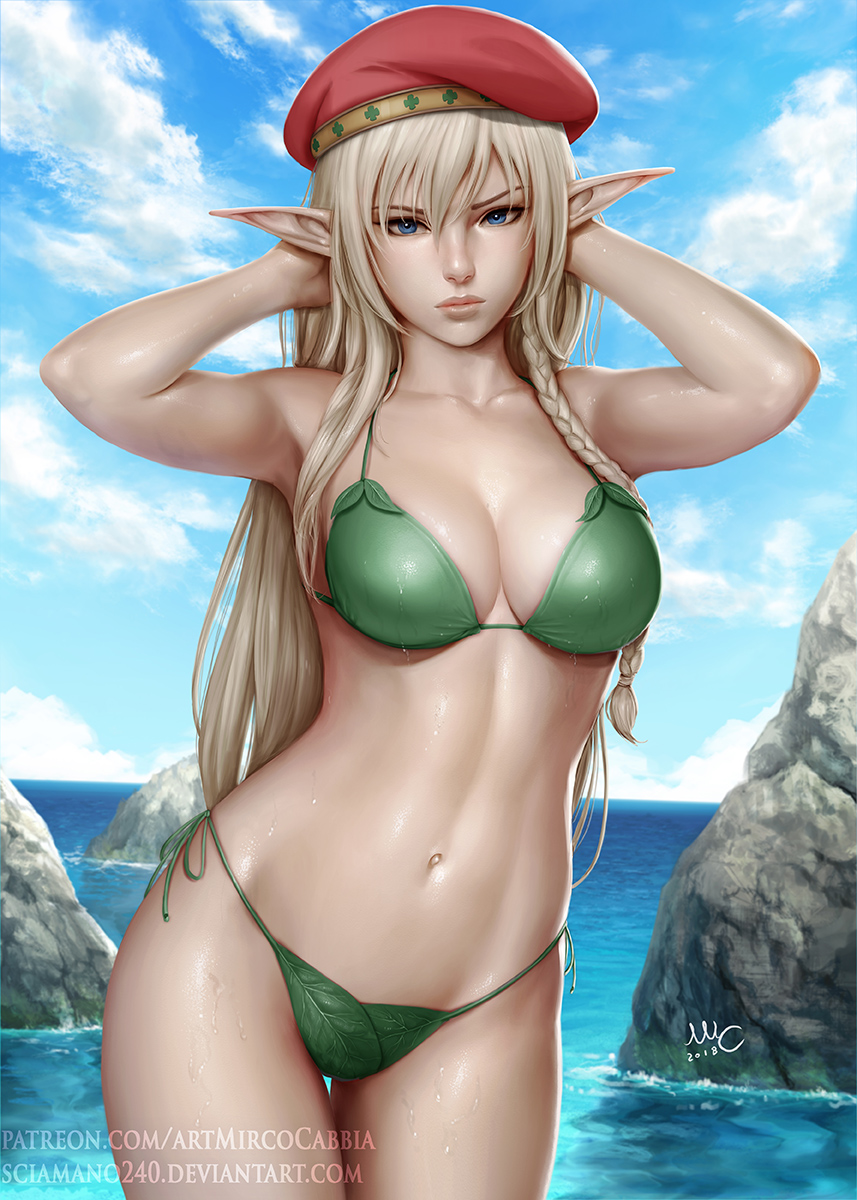1girl alleyne_(queen's_blade) armpits arms_behind_head bangs bare_arms bare_shoulders beret bikini blonde_hair blue_eyes blue_sky braid breasts closed_mouth clouds commentary contrapposto cowboy_shot dated day deviantart_username elf green_bikini hair_between_eyes hands_up hat highres large_breasts leaf_bikini legs_together lips long_hair looking_at_viewer mirco_cabbia navel ocean outdoors patreon_username pointy_ears queen's_blade red_hat revision rock side-tie_bikini signature sky solo standing swimsuit thigh_gap wading water watermark wet