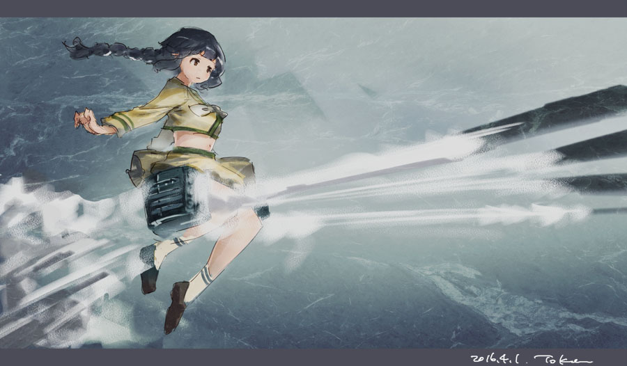 1girl black_hair braid dated firing from_side jumping kantai_collection kitakami_(kantai_collection) knees launching letterboxed loafers long_hair midriff mountain navel ocean outstretched_arms shoes signature sketch skirt socks solo spread_arms toka_(marchlizard) torpedo torpedo_tubes wake