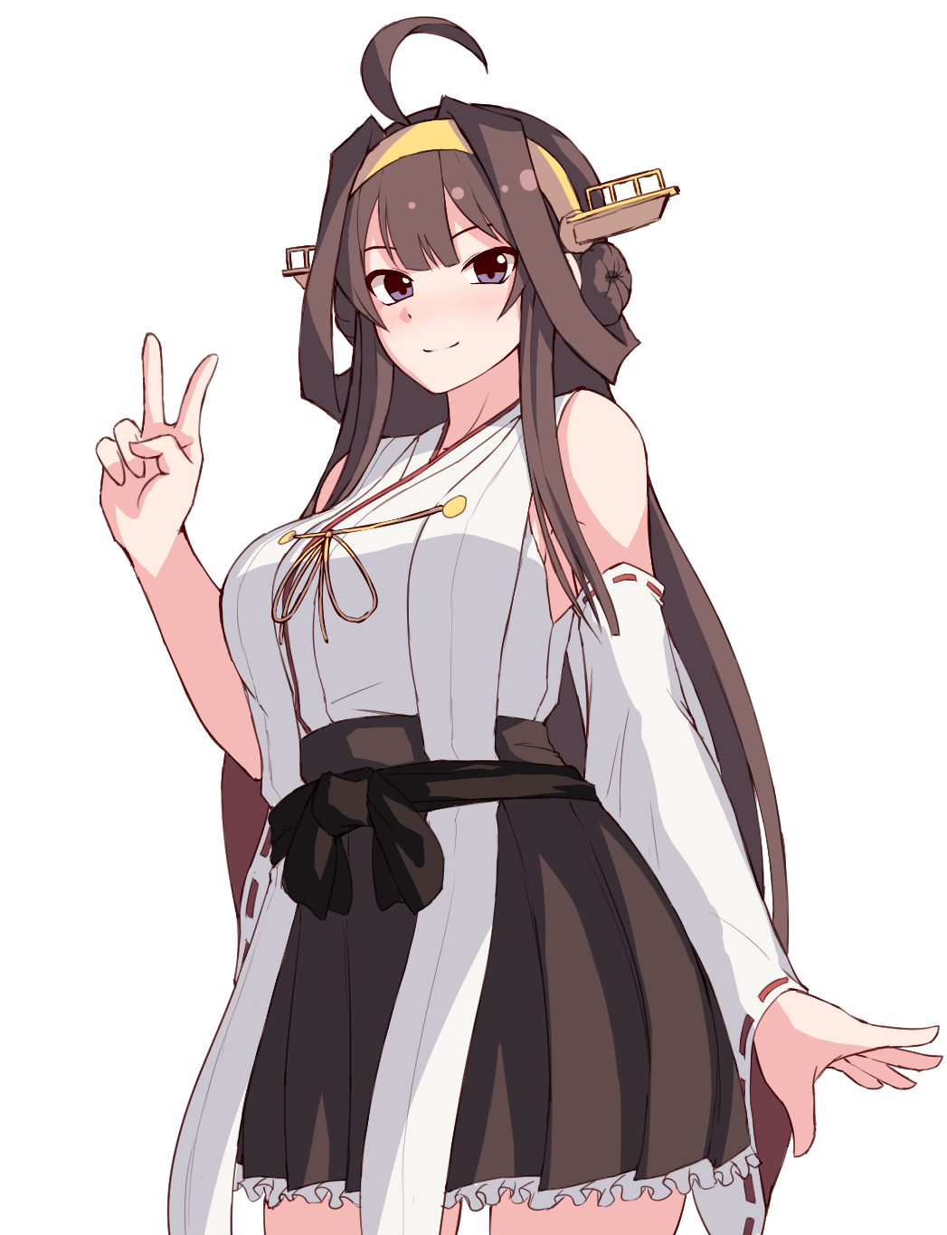 1girl ahoge brown_hair closed_mouth detached_sleeves hairband headgear highres kagi_f kantai_collection kongou_(kantai_collection) long_hair looking_at_viewer nontraditional_miko simple_background smile solo standing v violet_eyes white_background