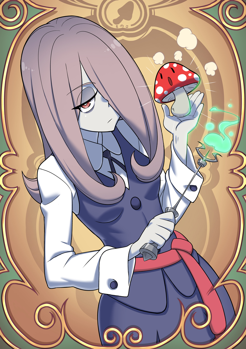 1girl eyebrows_visible_through_hair hair_over_one_eye highres holding holding_wand kjech little_witch_academia long_hair long_sleeves looking_at_viewer mushroom pink_hair red_eyes solo sucy_manbavaran wand