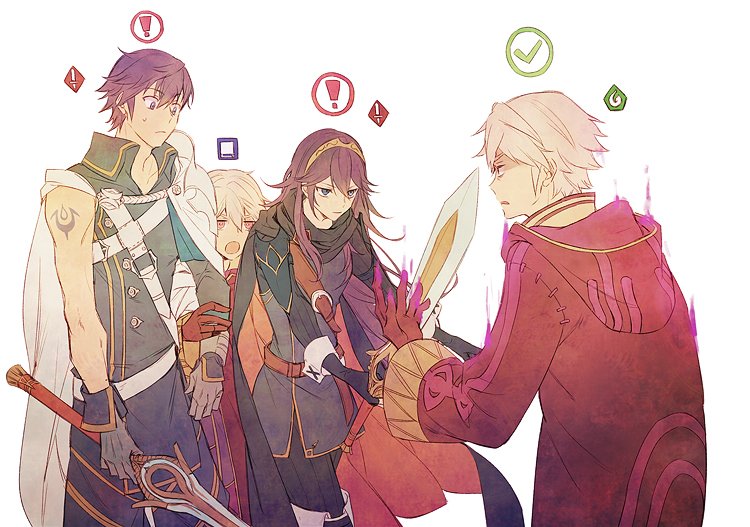 1girl a082 armor blue_eyes cape dual_persona falchion_(fire_emblem) father_and_daughter fire_emblem fire_emblem:_kakusei fire_emblem_heroes gloves krom long_hair lucina male_my_unit_(fire_emblem:_kakusei) my_unit_(fire_emblem:_kakusei) red_eyes robe sword tiara weapon white_background