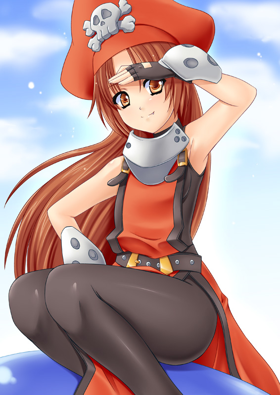 brown_hair fingerless_gloves gloves guilty_gear hayami_kyuuen legs long_hair may may_(guilty_gear) pantyhose solo very_long_hair