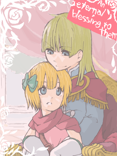 bianca's_daughter blonde_hair blue_eyes bow dragon_quest dragon_quest_v gloves hair_bow henry_(dq5) lap_sitting rokut short_hair throne