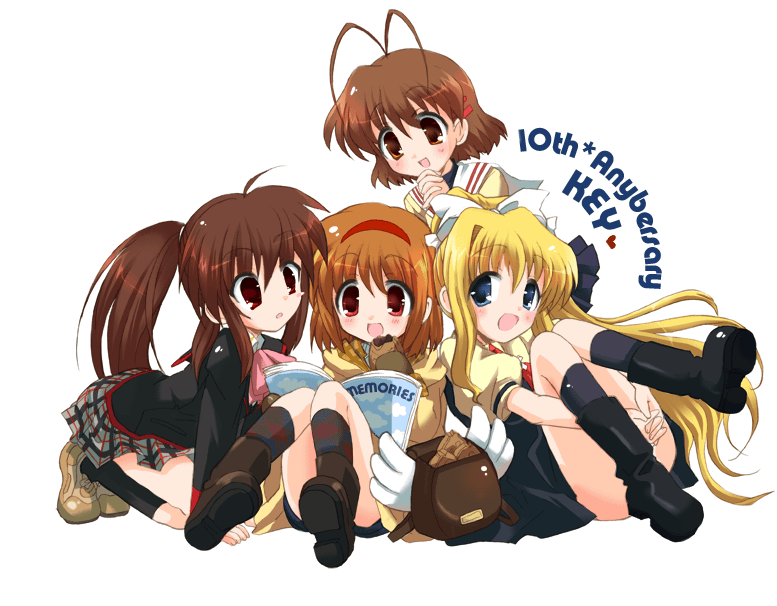 backpack bag book clannad company_connection crossover engrish food furukawa_nagisa hiduki_yayoi hizuki_yayoi kamio_misuzu kanon key_(company) little_busters! little_busters!! natsume_rin ranguage sitting taiyaki tsukimiya_ayu wagashi