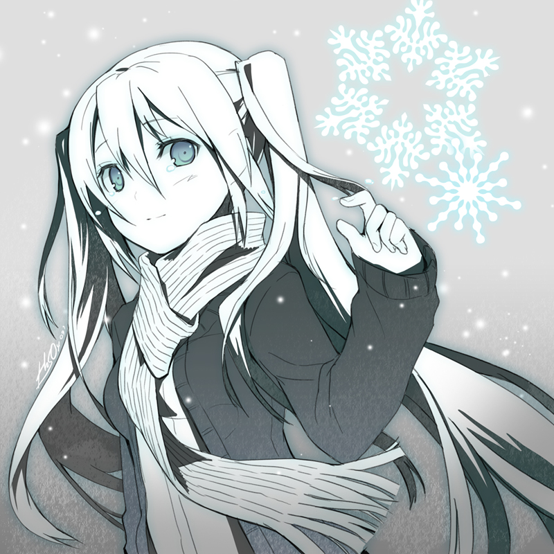 blush h2so4 hajimete_no_koi_ga_owaru_toki_(vocaloid) hatsune_miku monochrome scarf snow snowflake snowflakes twintails vocaloid when_the_first_love_ends_(vocaloid)