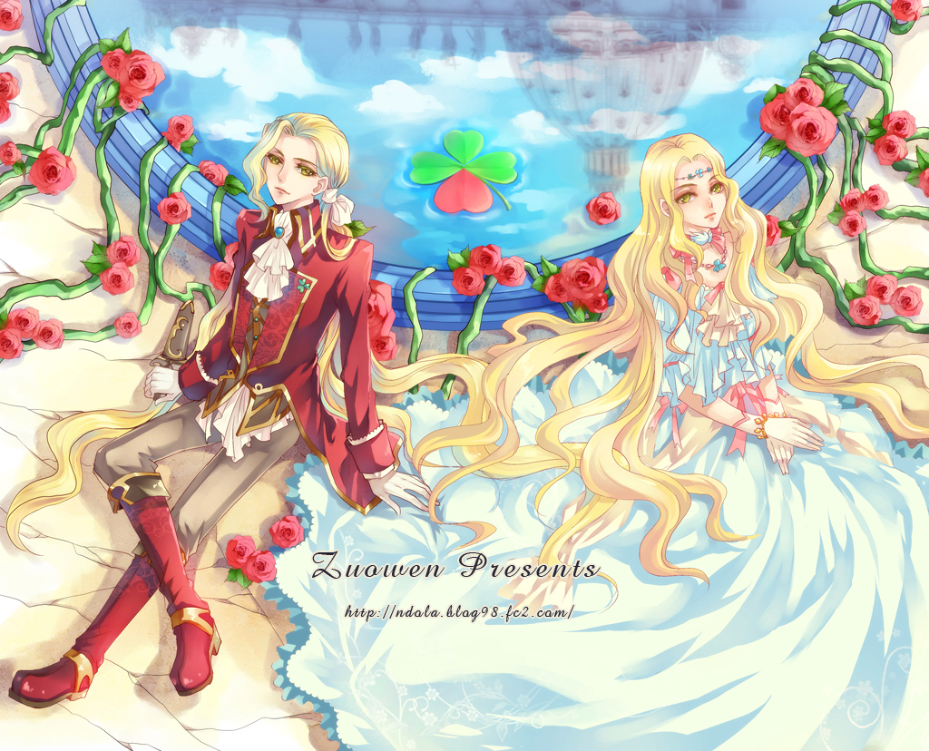 clover dress european_clothes flower formal long_hair original pond ponytail reflection ribbon rose siblings very_long_hair vines water wristband wristbands yellow_eyes zuowen