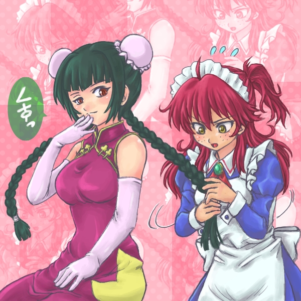 black_hair blush braid brown_eyes bun_cover china_dress chinadress chinese_clothes domoge double_bun double_buns dress elbow_gloves freckles gloves gundam gundam_00 hair_pull hat long_hair maid nena_trinity red_hair redhead sweat translation_request twin_braids twintails wang_liu_mei yellow_eyes zoom_layer