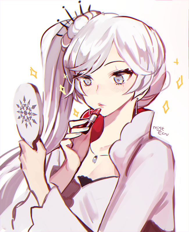 1girl applying_makeup blue_eyes blush earrings ecru hand_mirror jewelry lipstick makeup mirror nail_polish necklace rwby scar scar_across_eye solo sparkle twitter_username weiss_schnee white_background