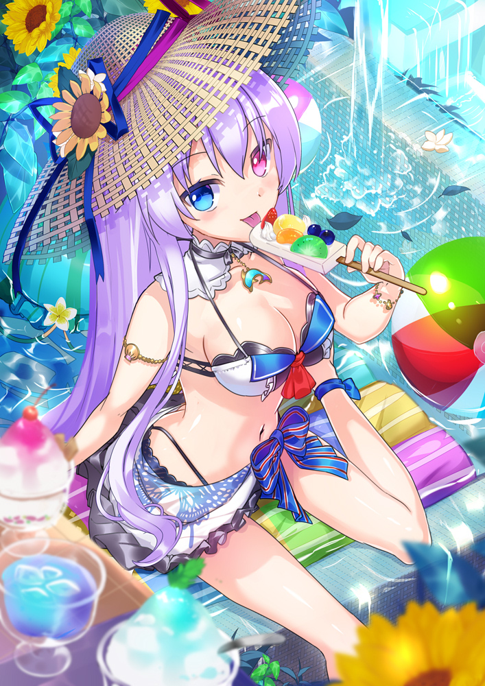 1girl :p ball bangs barefoot beachball bikini blue_bow blue_eyes blueberry blurry blurry_foreground blush bow breasts cleavage closed_mouth commentary_request depth_of_field detached_collar eyebrows_visible_through_hair flower food fruit hair_between_eyes halter_top halterneck hat heterochromia holding holding_food ice_cream kiwi_slice licking long_hair looking_at_viewer medium_breasts moe2018 navel nyori orange original purple_hair sarong shaved_ice sidelocks sitting smile solo strawberry striped striped_bow sun_hat sunflower swimsuit tongue tongue_out very_long_hair violet_eyes water waterfall white_bikini white_flower white_sarong yellow_flower