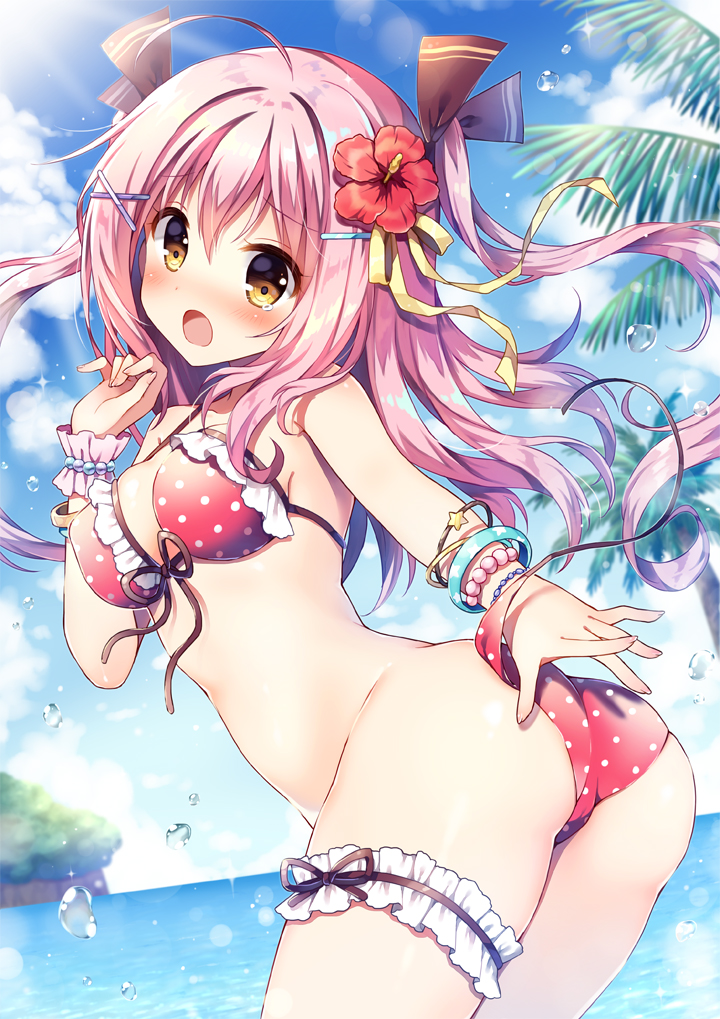 1girl ahoge ass beach bikini blush bracelet breasts brown_ribbon cleavage day erect_nipples eyebrows_visible_through_hair flower frilled_bikini_top front-tie_bikini front-tie_top hair_flower hair_ornament hair_ribbon hairclip hibiscus jewelry leg_garter long_hair looking_at_viewer mauve medium_breasts ocean open_mouth original outdoors pink_hair polka_dot polka_dot_bikini red_bikini ribbon side-tie_bikini single_wrist_cuff solo swimsuit tears twintails two_side_up untied untied_bikini wardrobe_malfunction x_hair_ornament yellow_eyes