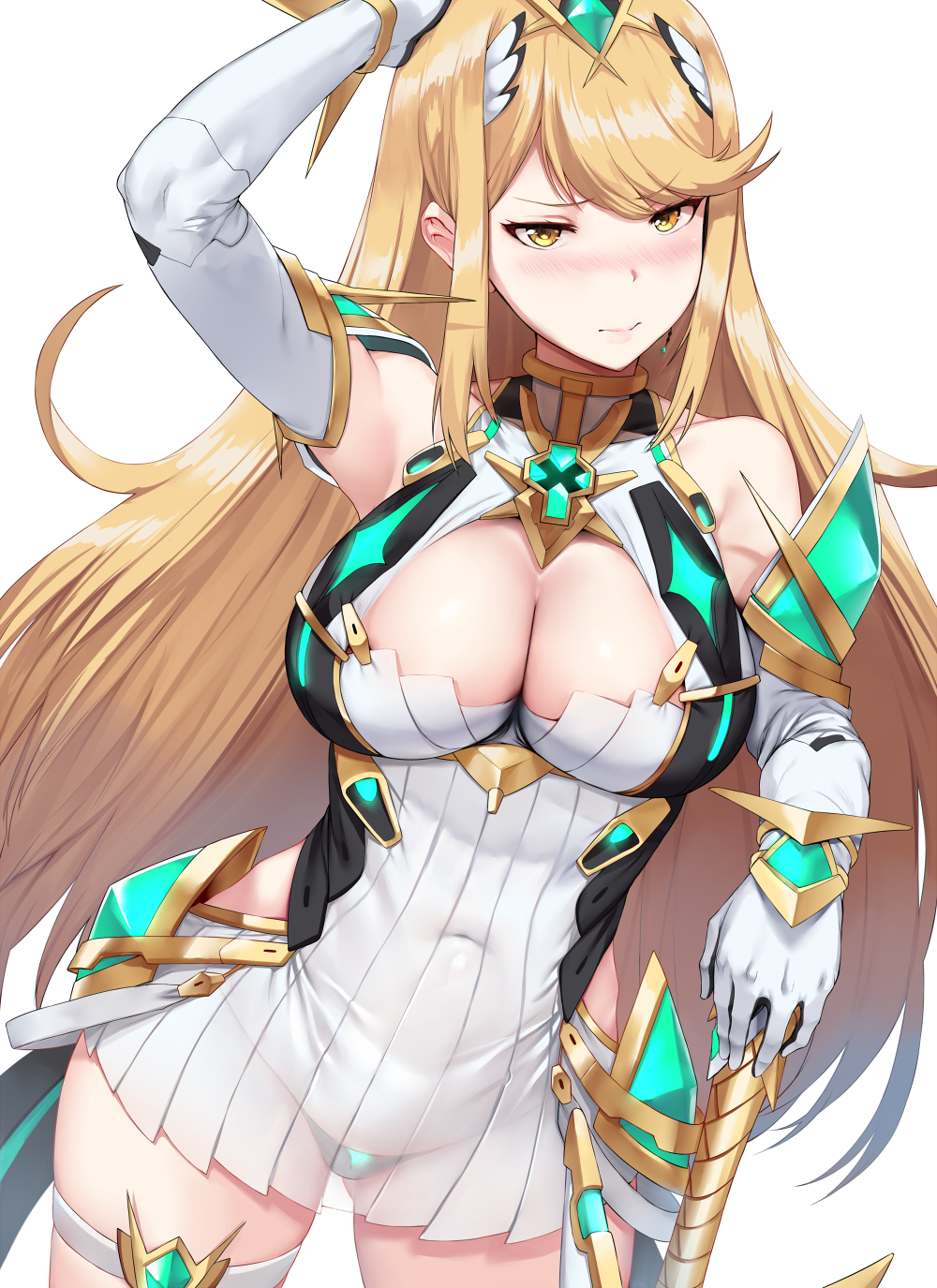 1girl 3: arm_up bangs blonde_hair blush breasts cleavage cleavage_cutout closed_mouth covered_navel cowboy_shot dress elbow_gloves gloves gluteal_fold green_panties hairband hews_hack highres mythra_(xenoblade) large_breasts long_hair looking_at_viewer panties see-through short_dress sidelocks simple_background solo swept_bangs thigh_strap underwear very_long_hair white_background white_dress white_gloves xenoblade_2 yellow_eyes